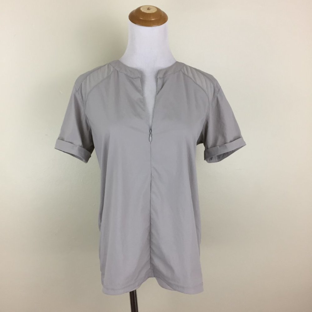INDYGENA Taupe Ruching Back Short Sheer Sleeve Insert 1/4 Hidden Zip Shirt - Picture 5 of 11